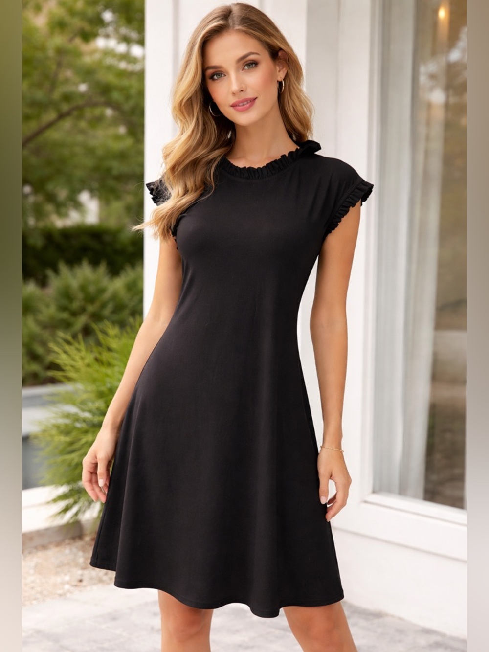 Tash + Sophie Black Ruffle-Trim Cap Sleeve Mini Shift Dress Party Size Medium‎